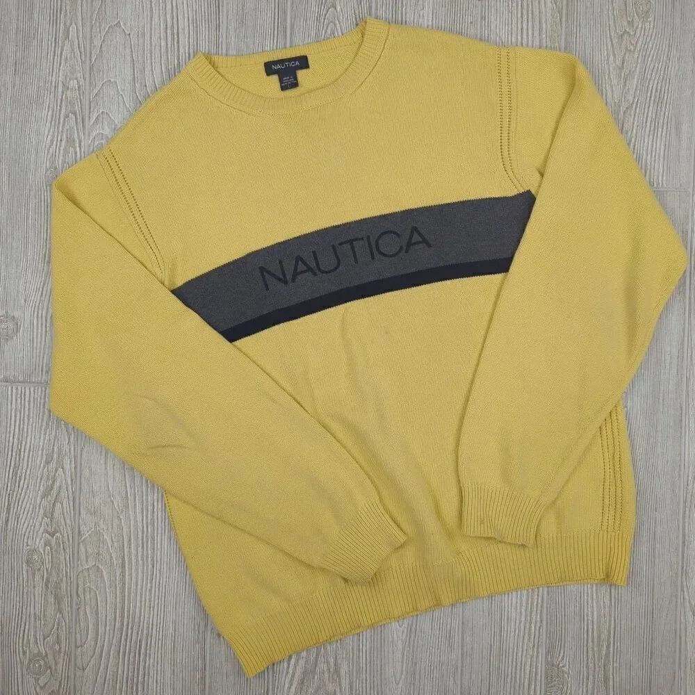 Nautica Crewneck Sweater Vintage 90s Y2k Yellow and Gray Colorblock Pullover Cre